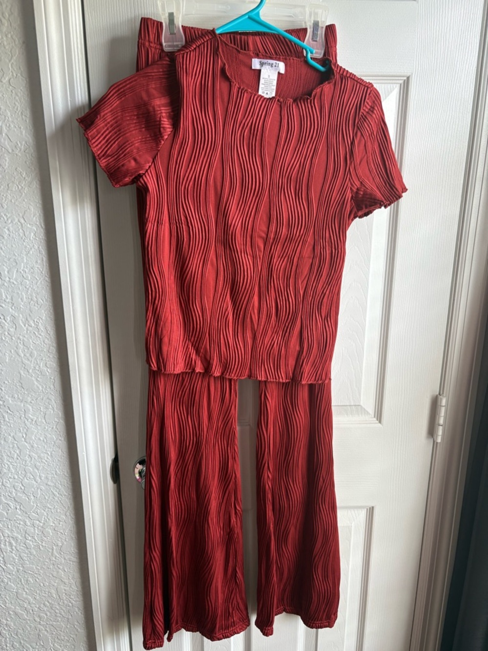 Textured Short Sleeve Top & Wide Leg Pants Set